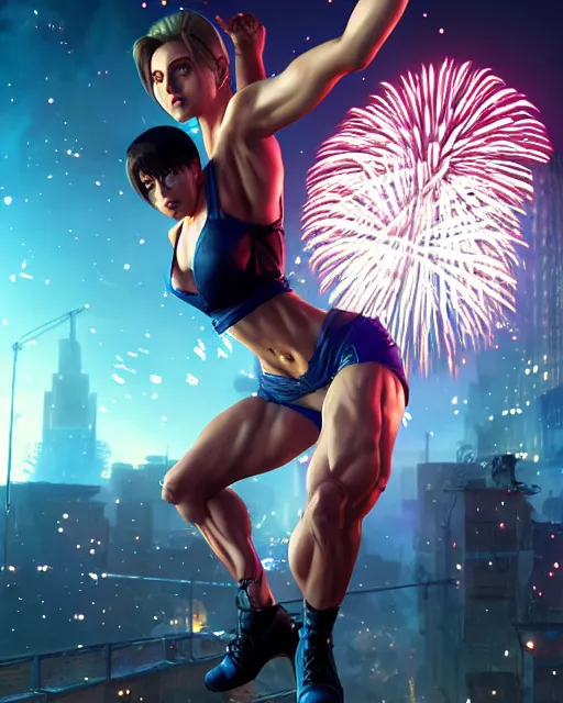 Image similar to gigachad jill valentine bodybuilder jumping in front of a fireworks show fighting in racoon city, fantasy character portrait, ultra realistic, anime key visual, full body concept art, intricate details, highly detailed by greg rutkowski, ilya kuvshinov, gaston bussiere, craig mullins, simon bisley