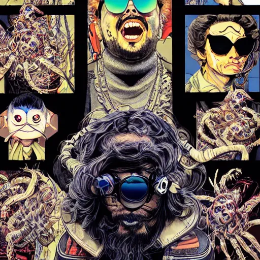 Prompt: portrait of crazy post malone with spider sunglasses, spiders around, symmetrical, by yoichi hatakenaka, masamune shirow, josan gonzales and dan mumford, ayami kojima, takato yamamoto, barclay shaw, karol bak, yukito kishiro