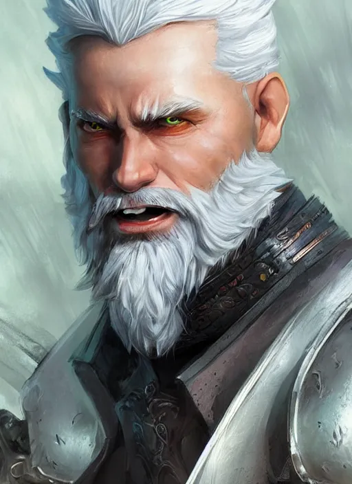 Image similar to man with short white hair and white circle beard, dndbeyond, bright, colourful, realistic, dnd character portrait, full body, pathfinder, pinterest, art by ralph horsley, dnd, rpg, lotr game design fanart by concept art, behance hd, artstation, deviantart, hdr render in unreal engine 5