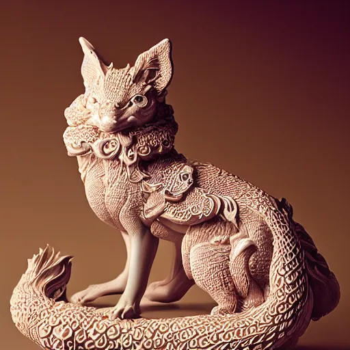 Image similar to A photo-real delicate ceramic porcelain sculpture of an ornate detailed kitsune in front of a intricate background by Victo Ngai and takato yamamoto, micro detail, backlit lighting, subsurface scattering, translucent, thin porcelain, octane renderer, colorful, physically based rendering, japanese pottery, trending on cgsociety