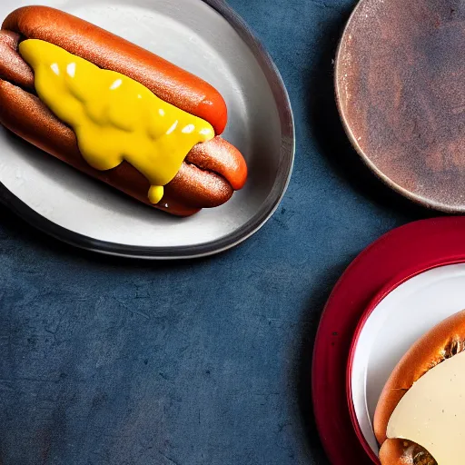 Prompt: A delicious hot dog on a plate, garnish, melted cheese, relish, mustard, chili, food photography, michelin star