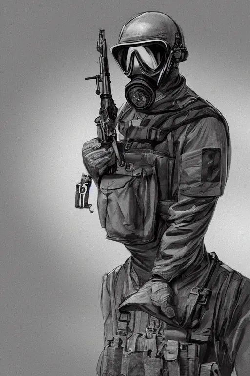 Image similar to british sas operative with the standard s 1 0 gas mask and the black uniform, 8 0 s, artstation, trending on artstation, establishing shot