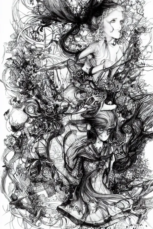 Image similar to We're all mad here Alice, Alice in wonderland, twisted, insanity, pen and ink, intricate line drawings, by Yoshitaka Amano, Ruan Jia, Kentaro Miura, Artgerm, watercolor