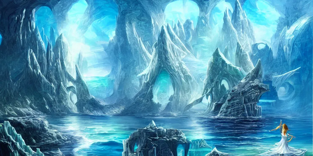 Image similar to aggressive goddess, crystal clear atlantis architectural marvels, crisp realistic fantasy art painting