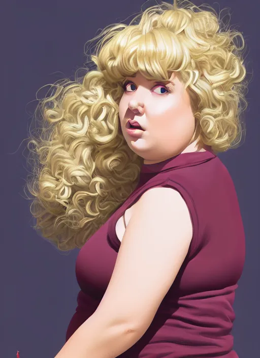 Image similar to full body portrait, teenage betty cooper, blonde hair, obese, bangs, ponytail, sultry, realistic, sultry smirk, fluffy bangs, curly bangs, fat, belly, beautiful girl, intricate, elegant, highly detailed, digital painting, artstation, concept art, smooth, sharp focus, illustration, art by wlop, mars ravelo and greg rutkowski