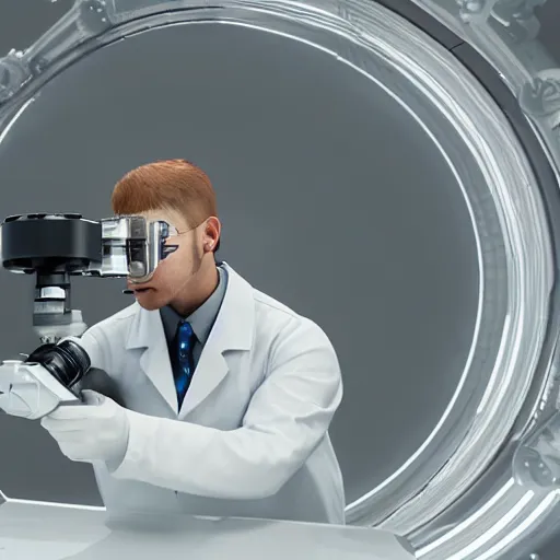 Prompt: rooster wearing a lab coat and looking through a microscope in a futuristic laboratory, unreal engine, blender render, octane render, video game fully rendered scene, highly detailed, high resolution, beautiful lighting, atmospheric