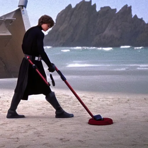 Prompt: Anakin Skywalker!!!, vacuuming on a beach, still from star wars,
