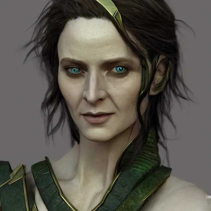 Image similar to female loki, au naturel, hyper detailed, digital art, trending in artstation, cinematic lighting, studio quality, smooth render, unreal engine 5 rendered, octane rendered