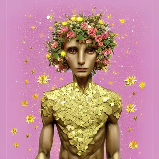 Image similar to man made of beautiful flowers and stars. fantasy art. trending on artstation. 4 k. pastel. golden foil. elegant. rose, dandelion, chamomile, lily