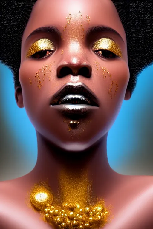 Prompt: hyperrealistic precisionist cinematic profile very expressive! black oshun goddess, in water! up to shoulders, mirror dripping droplet!, gold flowers, highly detailed face, digital art masterpiece, smooth eric zener cam de leon, dramatic pearlescent turquoise light on one side, low angle uhd 8 k, shallow depth of field, still life photography