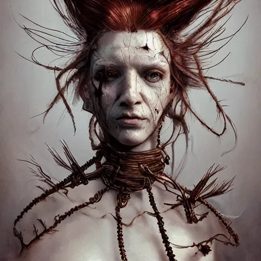 Image similar to portrait of a Shibari barbed wire wrapped face and neck, headshot, insanely nice professional hair style, dramatic hair color, digital painting, of a old 17th century, old cyborg merchant, amber jewels, baroque, ornate clothing, scifi, realistic, hyperdetailed, chiaroscuro, concept art, art by Franz Hals and Jon Foster and Ayami Kojima and Amano and Karol Bak,