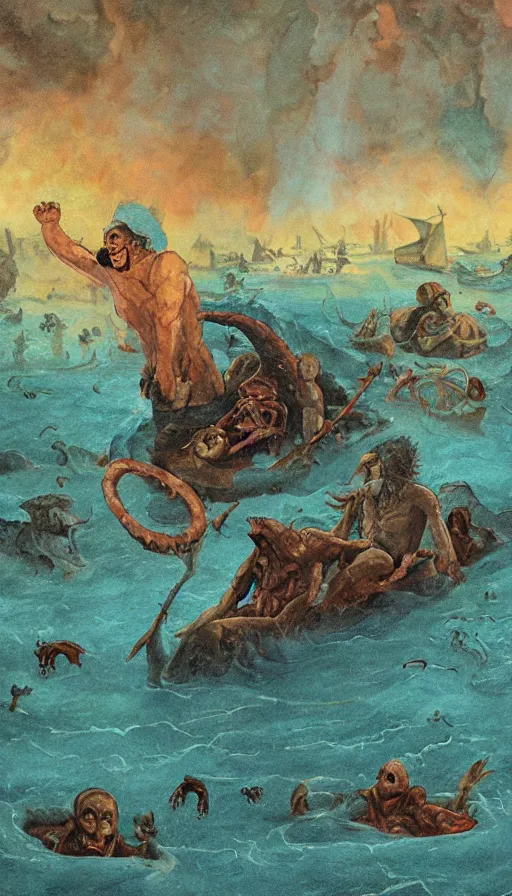 Image similar to man on boat crossing a body of water in hell with creatures in the water, sea of souls, by david eichenberg