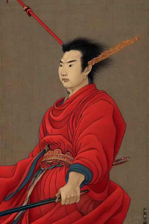 Image similar to a masterpiece portrait of legendry nezha flies riding on the wind fire wheels across the sea, water everywhere, chinese mythology, side view, red cloth around his shoulders, hold spear, cinematic, fantasy character portrait, highly detailed, by ne zha ( 2 0 1 9 ), fenghua zhong