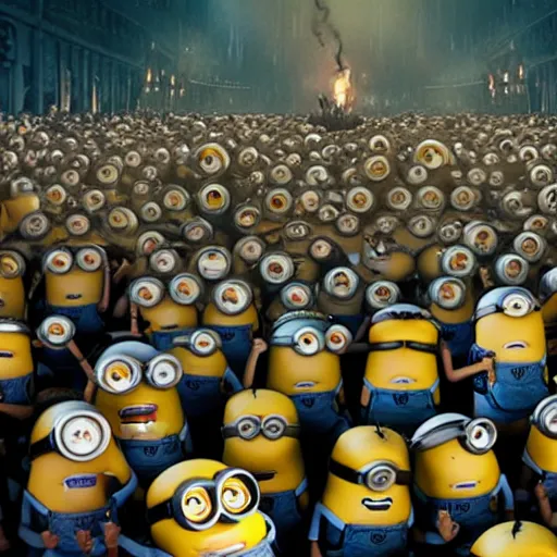 Image similar to POV of one hundred minions chasing you. The minions are carrying torches and pitchforks. The minions are angry. concept art, sharp lighting, 4k, detailed, Peter Jackson, Ridley Scott, bright colors