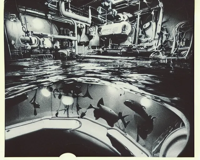 Image similar to wide angle, under water deep sea laboratory, at night, lo fi, polaroid 6 0 0, 1 9 7 5 lightning, vintage science fiction, aquatic plants, colorful swirls of paint, movie set, film noir