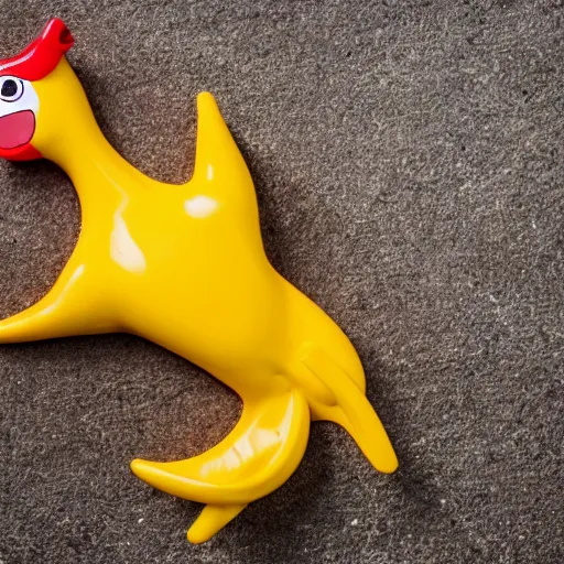 Prompt: rubber chicken in a glass bottle next to a motor on a floor