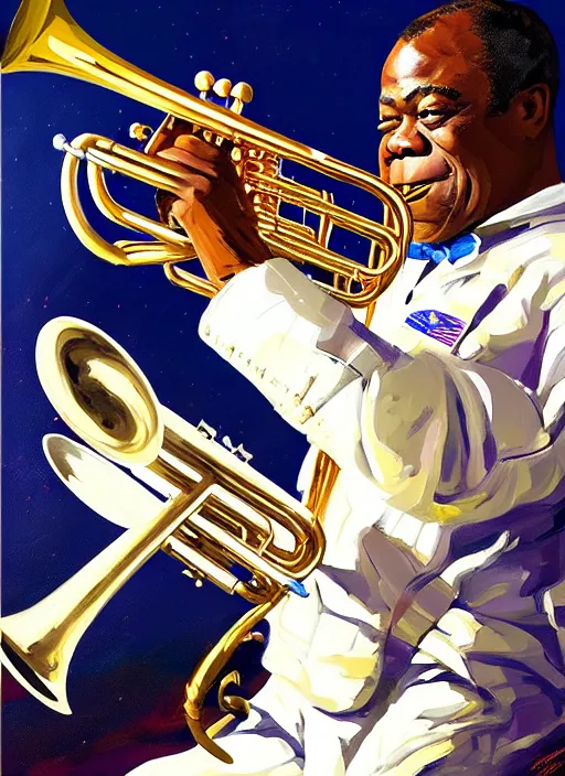 Prompt: a portrait of louis armstrong wearing a space suit on the moon, reaching for a trumpet, by greg manchess and john singer sargent and jonathan yeo, dramatic lighting, highly detailed digital painting