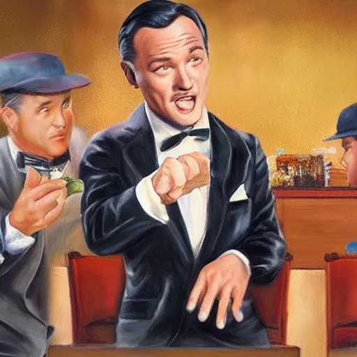 Image similar to beautiful lifelike painting of gene kelly demanding a refund on undercooked overpriced dinosaur steak in downtown dive bar bistro, hyperreal detailed facial features and uv lighting, art by osamu sato and ryu noguchi