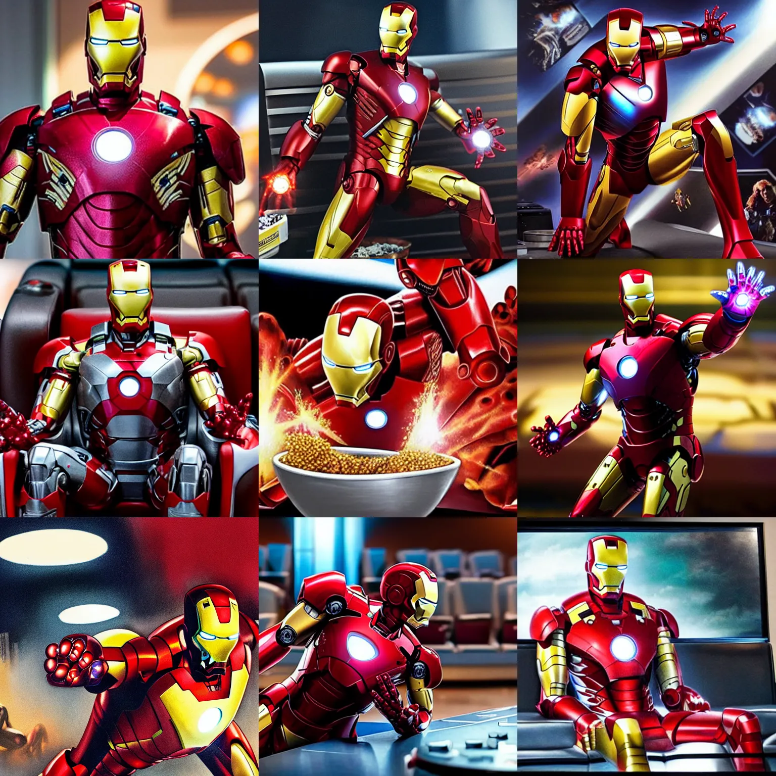 Prompt: Iron Man sitting in a movie theater and watching an Iron Man movie while eating natchos, hyper realistic, highly detailed, cinematic