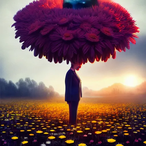 Image similar to giant daisy flower head, frontal, a girl in a suit, surreal photography, sunrise, dramatic light, impressionist painting, digital painting, artstation, simon stalenhag