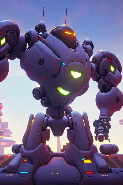 Image similar to the fortress robot in the overwatch game, cg rendering, the background is a beautiful forest