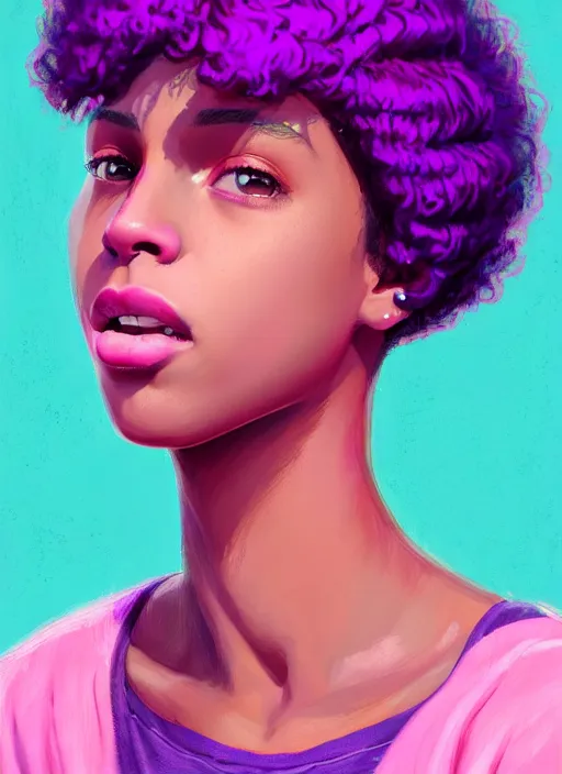 Image similar to portrait of teenage vanessa morgan with bright pink hair, black girl, curly pixie cut hair, wearing a purple breton cap, breton cap, hoop earrings, intricate, elegant, glowing lights, highly detailed, digital painting, artstation, concept art, smooth, sharp focus, illustration, art by wlop, mars ravelo and greg rutkowski