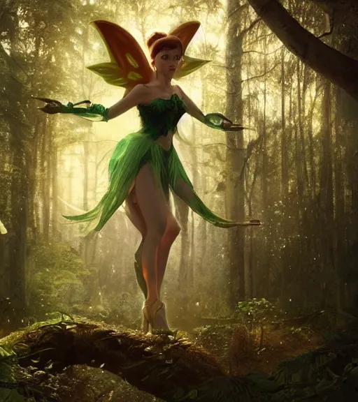 Prompt: evil tinker bell flying in an enchanted forest, flawless symmetrical pretty cute face, greg rutkowski, 8 k, shallow depth of field, intricate detail, concept art,