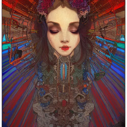 Prompt: the brittle. digital painting, vertical, intricate, beautiful, detailed, grunge, illustration, abstract art by mucha, trending on artstation. blue, dark red and dark purple color scheme, gradient darker to bottom