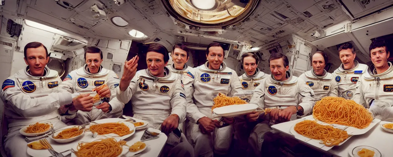 Image similar to astronauts eating spaghetti on their way to the moon, ultra - realistic faces, fine detail, anon 5 0 mm, in the style of diane arbus, in the style of wes anderson, kodachrome, retro