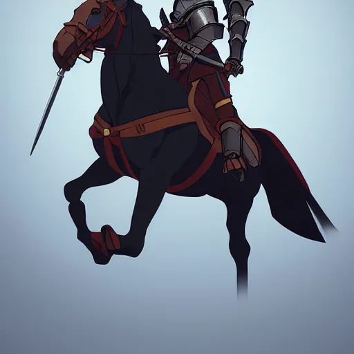 Image similar to illustration of a mounted knight, strong chest, wearing full plate armor, powerful black horse, artstation, detailed cartoon, elegant, digital painting, concept art, smooth, sharp focus, illustration, ghibli, makoto shinkai, don bluth, fujita goro, jean giraud, akihiko yoshida, tom whalen 8 k