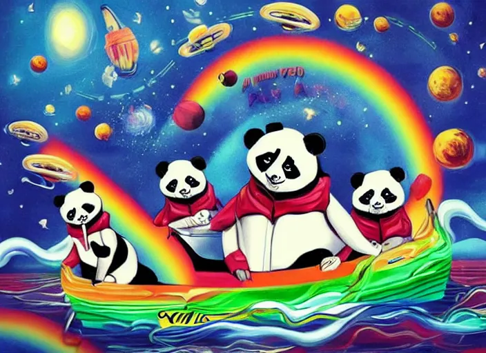 Image similar to “ an entire family of pandas in tuxedos and dresses riding in a speedboat with yung gravy on a rainbow in outer space. created in the style of salvador dali. high detail. ”