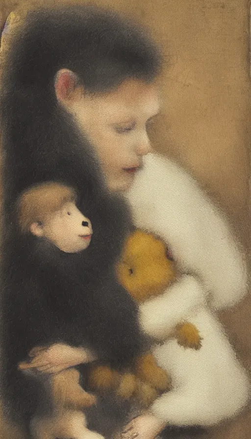 Image similar to still-life painting of a human boy with his fuzzy baby gorilla, by Helene Schjerfbeck, in the style of 'Mother and Child 1886' by Helene Schjerfbeck, volumetric lighting, intricately detailed, canvas print