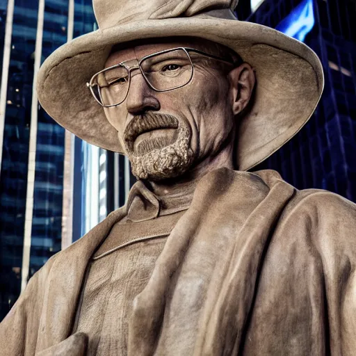 Prompt: a photograph of a very detailed renaissance sculpture of walter white in a hat standing in times square, made by michelangelo, from the distance, hyper detailed, sharp focus, 8 k resolution, ray tracing