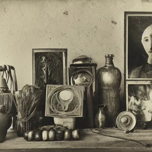 Image similar to Tintype photograph of objects displayed in an ethnographic museum, primitive display, anthropology of wonder, in the style of Marcel Duchamp, found objects, ready-made, 1920s studio lighting.