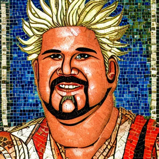 Prompt: ancient greek mosaic of guy fieri, 4 k photograph