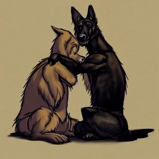 Image similar to two humanoid german shepherds beast - men, sitting on a couch and hugging together in cartoon style, smooth, sharp foccus ilustration, artstation