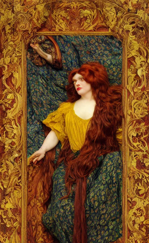 Image similar to preraphaelite full body portrait photography masterpiece hybrid of judy garland and florence welch, reclining, brown hair fringe, yellow ochre ornate medieval dress, kilian eng and william holman hunt, frederic leighton, ford madox brown, william morris, framed, 4 k