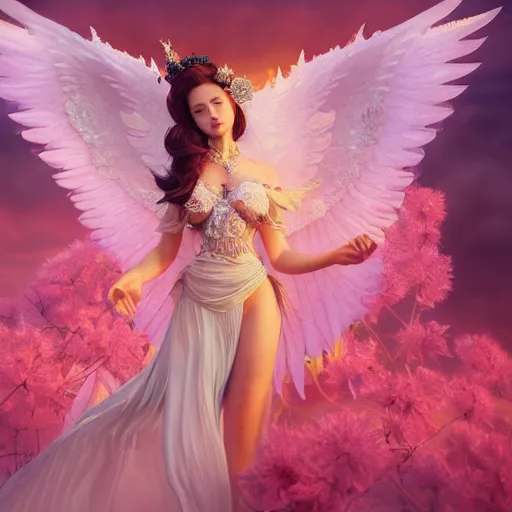 Prompt: expressive full body photo of sophia lauren as beautiful angel, smooth glowing skin, ornate headpiece made from pink flowers, glamour shot, by yoshitaka amano, by greg rutkowski, by jeremyg lipkinng, by artgerm, digital art, octane render, unreal engine, photorealistic, 3 d character