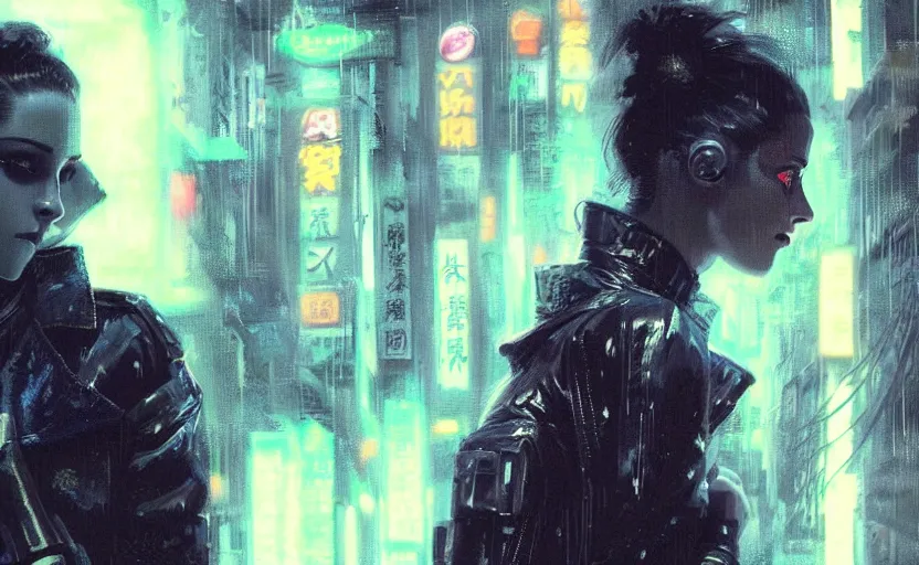 Image similar to detailed film still of portrait neon operator lady kristen stewart in the movie blade runner, messy ponytail, cyberpunk futuristic, neon, reflective puffy coat, decorated with traditional japanese by ismail inceoglu dragan bibin hans thoma greg rutkowski alexandros pyromallis nekro, illustrated, perfect face, fine details, realistic shaded, fine - face, pretty face