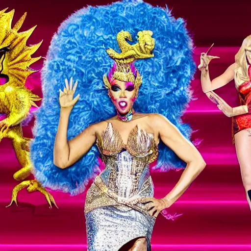 Image similar to rupaul's dragon race, television still, fantasy reality show, dragons, drag queens