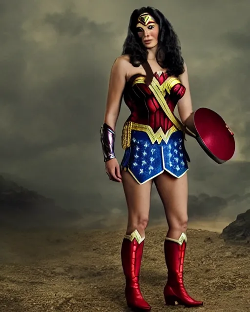 Image similar to a Chimpanzee dressed as Wonder Woman photographed in the style of Annie Leibovitz, photorealistic