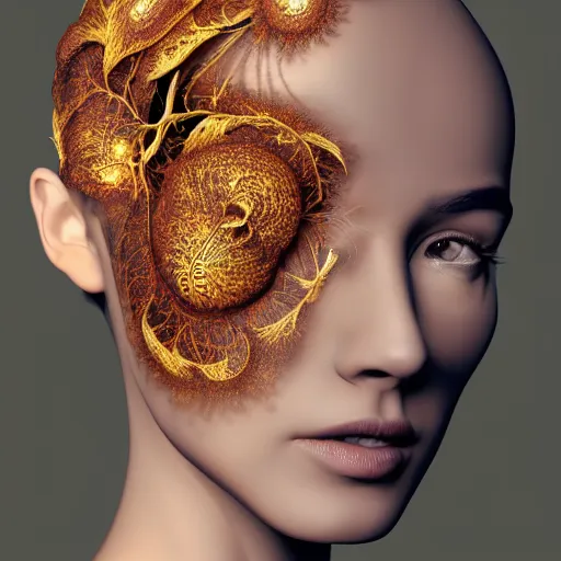 Image similar to beatifull frontal face portrait of a woman, 150 mm, anatomical, flesh, flowers, mandelbrot fractal, facial muscles, veins, arteries, symmetric, intricate, golden ratio, full frame, microscopic, elegant, highly detailed, ornate, ornament, sculpture, elegant , luxury, beautifully lit, ray trace, octane render in the style of peter Gric , alex grey and Romero Ressendi