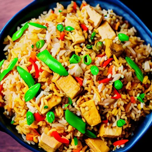 Prompt: a photograph of the new tofu fried rice, chinese dish from my local chinese restaurant, cooked to perfection, food photography