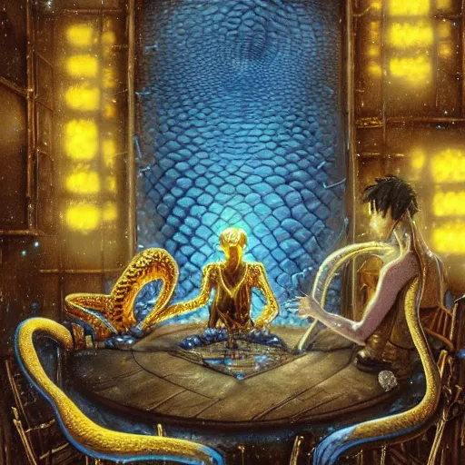 Prompt: an ethereal humanoid snake with hands, golden scales and blue accents scattered in its design, set in an empty tavern full of wispy blue spirits, warm yellow lights, art by yuji ikehata and satoshi kon, background art by miyazaki, realism, proper human male proportions, fully clothed, dungeons and dragons, anime