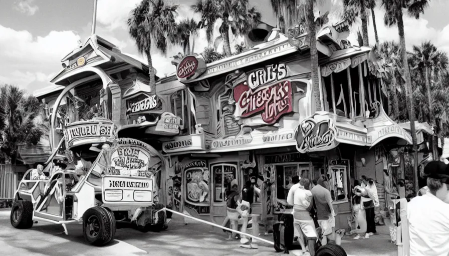 Prompt: 1990s photo of inside the Crazy Joe's Mystery House Show ride at Universal Studios in Orlando, Florida, riding a hamburger car through Joe's dream world , cinematic, UHD