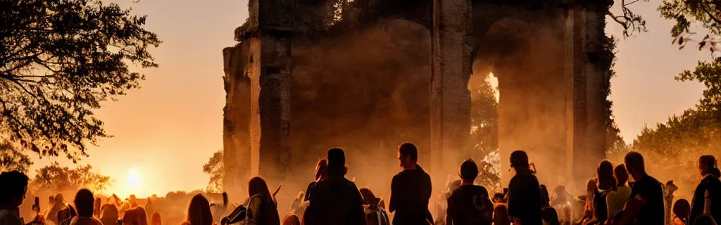 Prompt: group of humans huddled around a bonfire in a decaying building with the world outside overgrown and in ancient architecture ruins from a higher perspective with dramatic lighting photographed with an animorphic lens, rendered in a cinematic hazy dusk sunset golden hour atmosphere