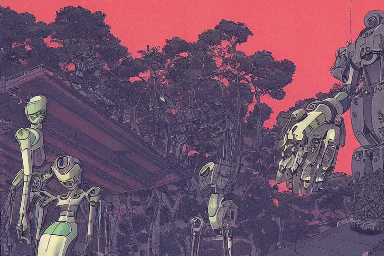 Prompt: gigantic woman head, a lot of exotic vegetation around, trees, tremendous mecha robot, flowers, risograph!, oldschool vintage sci - fi flat surreal design, super - detailed, painting by moebius and satoshi kon