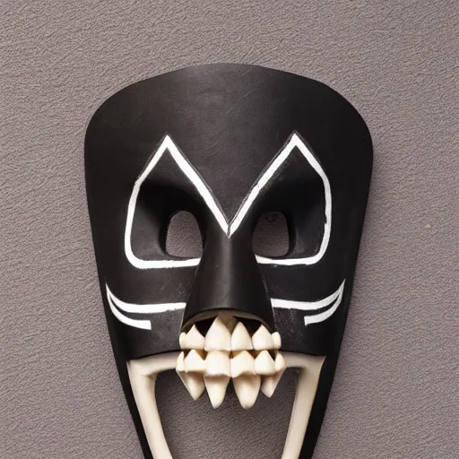 Prompt: symmetrical product photograph of a tribal mask made from bone and obsidian