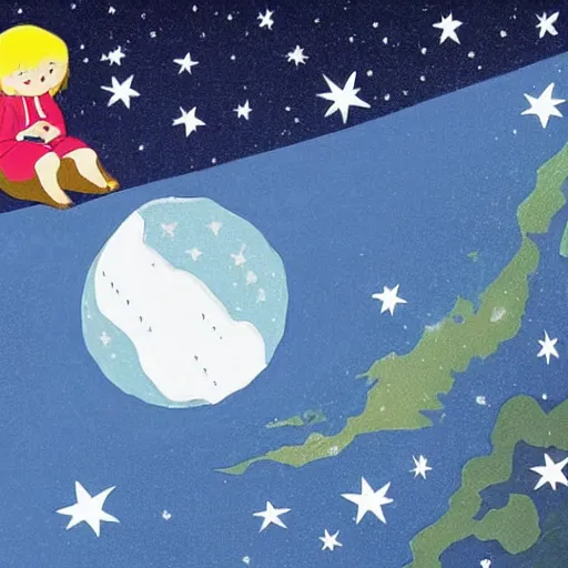 Prompt: There is a flat planet earth. On the edge of this planet A little girl with blonde hair sits with her legs hanging over the edge of a flat planet earth. The little girl is in profile. She looks at the stars, the galaxy, the moon, the shooting stars