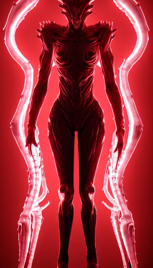 Image similar to stunning symmetric full body character image, woman, predator, Protoss, human, Tsutomu Nihei, 3d octane render, unreal engine, hyper realistic, realistic, white bone armor, soft illumination, human facial features, surrounded in red glowing tendrils of whispy smoke, trending artstation, 4K, insane